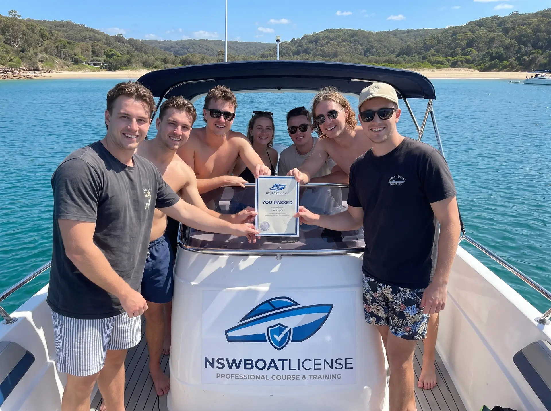 Students holding certificate near boat