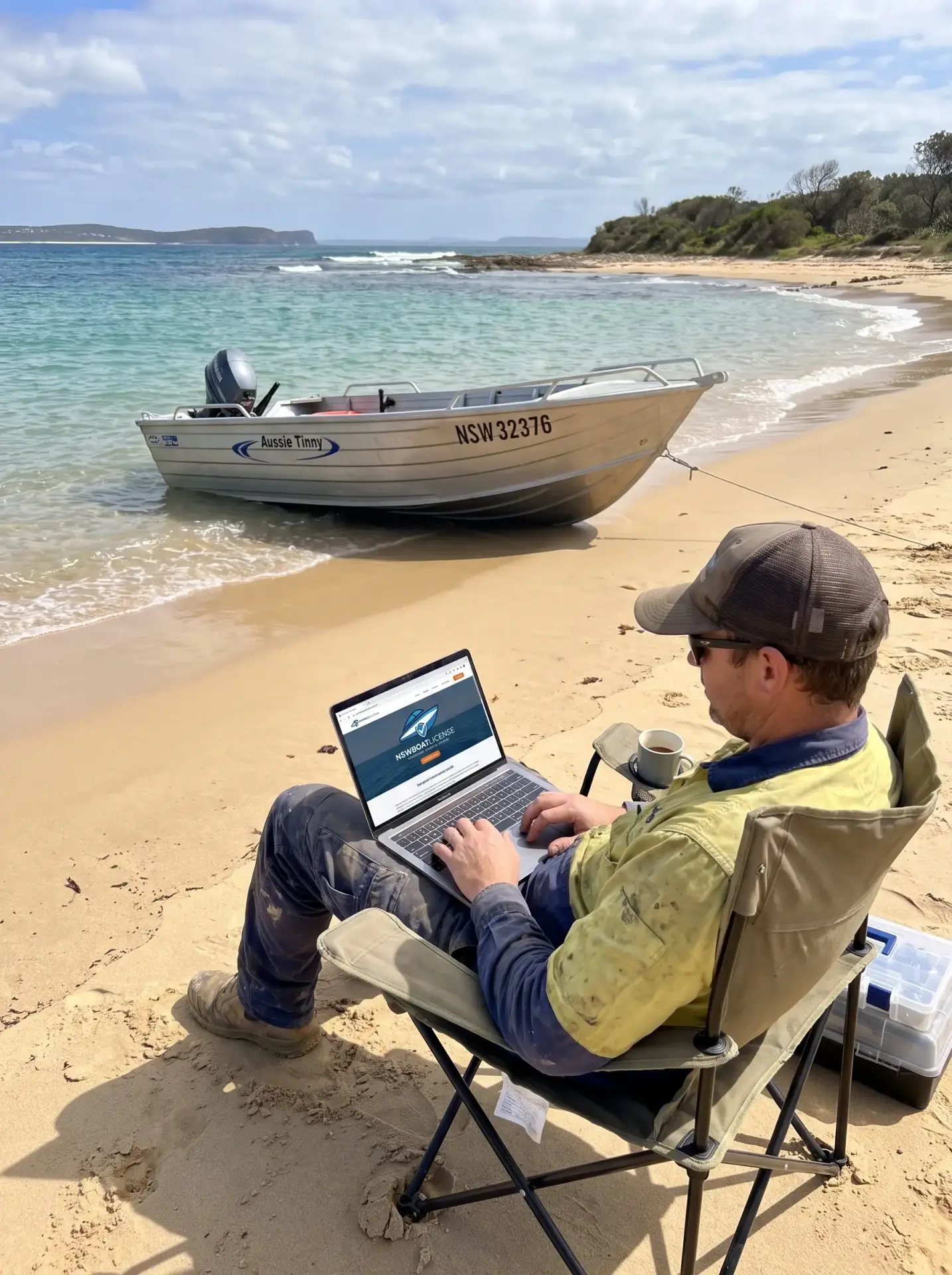 Student studying on laptop at the beach
